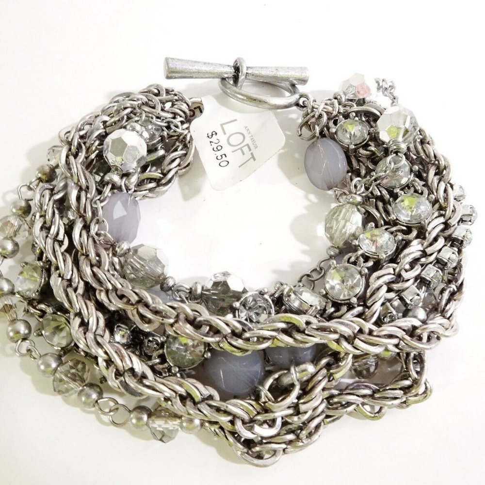 Ann Taylor LOFT  8 Layer Rope Stone Bead Opal Silver Toggle Bracelet NWT 30